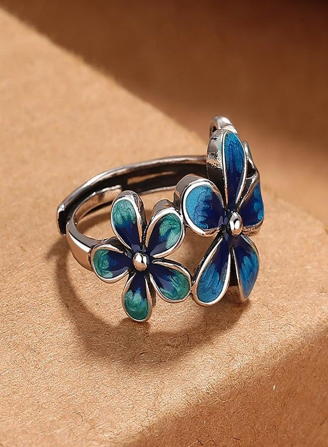 HAIXIAN Forget-Me-Not Flower Statement Ring, Silver Plated Enamel Band, Colorful Floral Design (Ring_A_blueblue, Adjustable) - Image 5